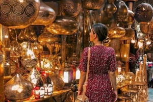 Khan El Khalili market in Cairo with shops, lanterns, and traditional bazaar atmosphere.